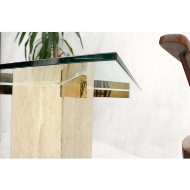 Pair of Mid-Century Modern Travertine & Brass Bases Square Glass Tops End Tables For Sale - Image 10 of 11