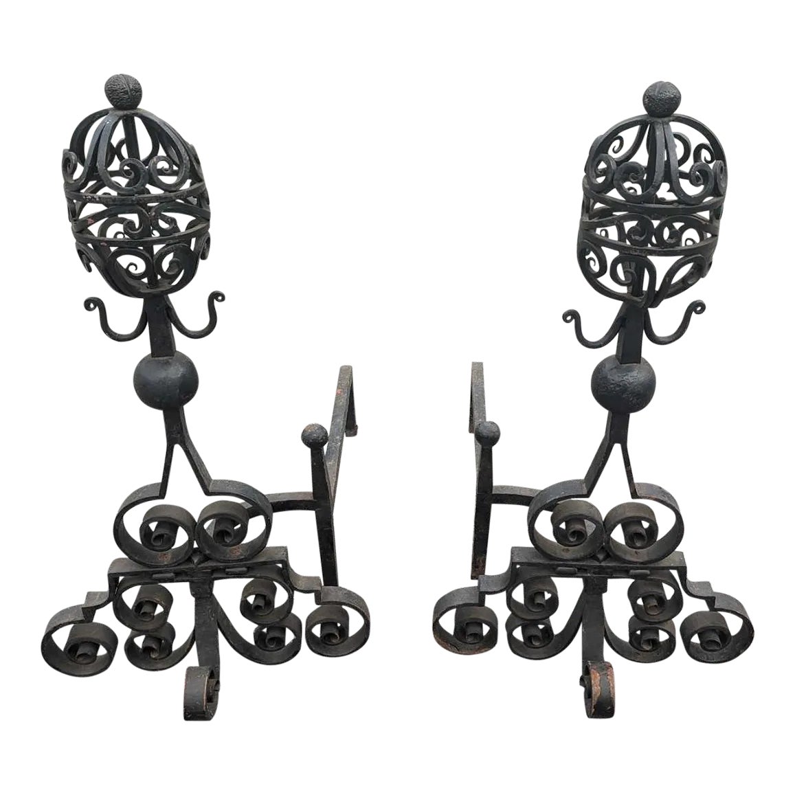 Vintage Scroll Wrought Iron Fireplace Andirons Set of 2 Chairish