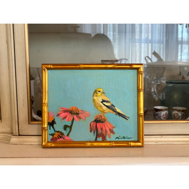 Impressionist “Goldfinch on Flower “ an Original Framed Painting by Michelle Heimann For Sale - Image 3 of 3