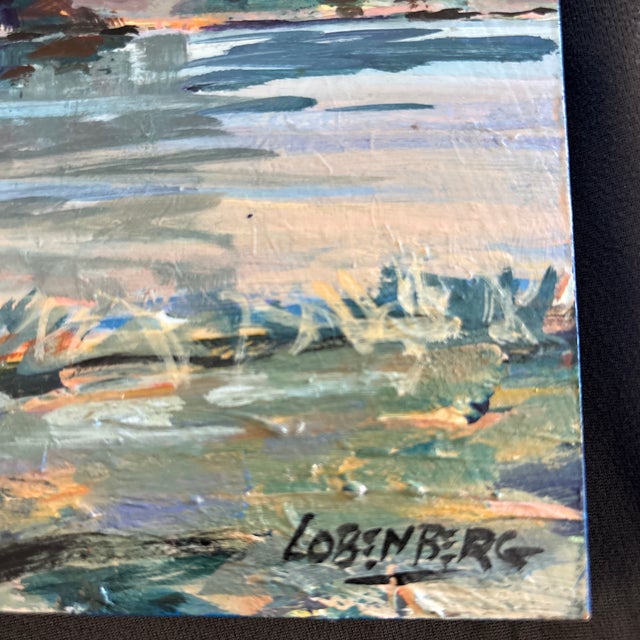 “Miller Park Sunset” by David Lobenberg is an original oil-on-canvas painting featuring an atmospheric industrial...