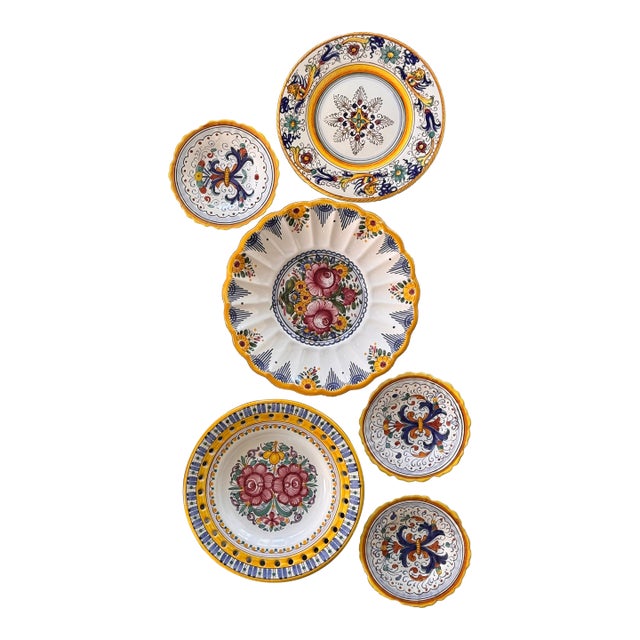 Italian Grotesque & Floral Motif Vintage Plate Collection - Set of 6 For Sale