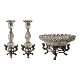 1940’s-1970’s Hollywood Regency Vintage Crystal Bowl W/Stand & Vintage Pairpoint Silverplate Crystal Candlesticks Cherub Claw Foot For Sale