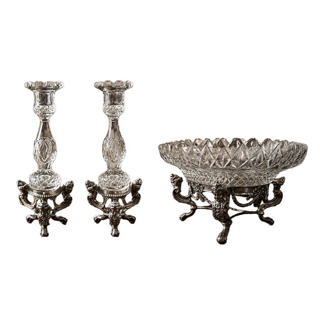 1940’s-1970’s Hollywood Regency Vintage Crystal Bowl W/Stand & Vintage Pairpoint Silverplate Crystal Candlesticks Cherub Claw Foot For Sale