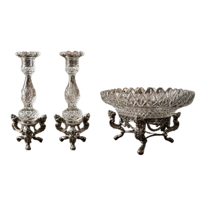 1940’s-1970’s Hollywood Regency Vintage Crystal Bowl W/Stand & Vintage Pairpoint Silverplate Crystal Candlesticks Cherub Claw Foot