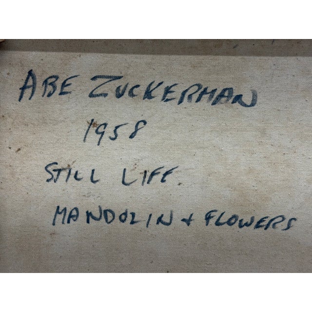 Still Life Mandolin and Flowers Painting by Abe Zuckerman, 1958 For Sale - Image 16 of 16