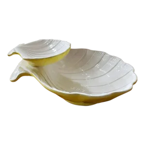 1976 Mann Ceramic Shell Shaped 2 Tier Chip & Dip Bowl, Made in Japan
