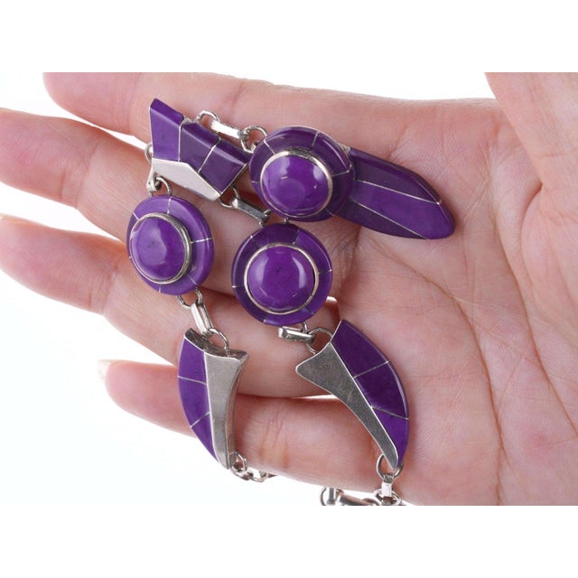 Rustic Julius Manuelito Southwestern Sterling Purple Stone Channel Inlay Necklace and e For Sale - Image 3 of 7