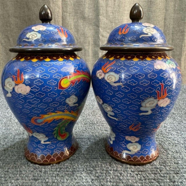 Pair of Small Chinese Cloisonné Enamel Dragon & Phoenix Jars With Lids - 8" Tall For Sale - Image 4 of 6