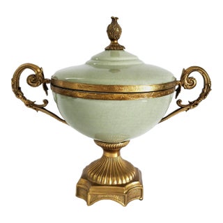 Footed Bowl or Urn Celadon Green & Brass Candy Dish For Sale