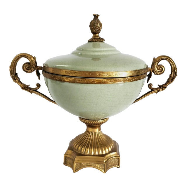 Footed Bowl or Urn Celadon Green & Brass Candy Dish For Sale