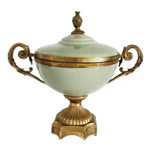 Footed Bowl or Urn Celadon Green & Brass Candy Dish