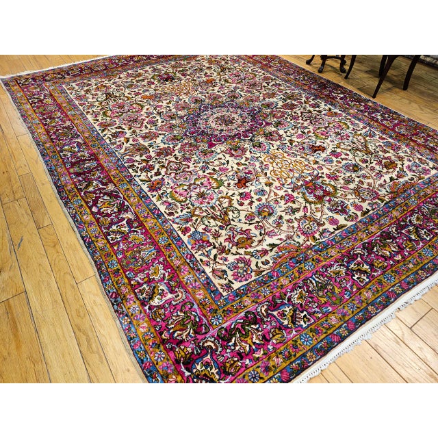 Ivory Antique Persian Kerman Lavar Rug, Hand-Knotted Wool, Floral Pattern, Ivory & Crimson, 9x12 For Sale - Image 8 of 10