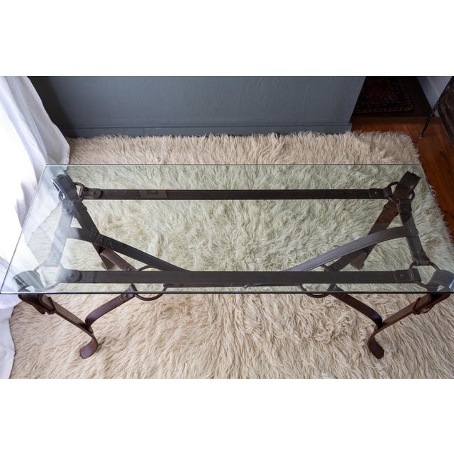 Brown Jacques Adnet Hermes Style Iron Leather Bridle Strap Equestrian Console Table For Sale - Image 8 of 18