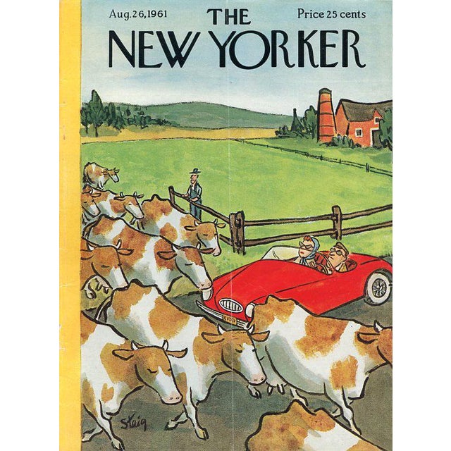 Original vintage New Yorker magazine cover dated August 26, 1961 featuring a Cow theme. Based on an illustration by...