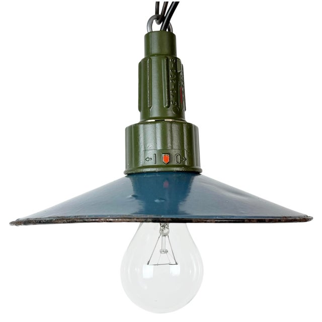 Industrial Blue Enamel Military Pendant Lamp with Cast Aluminium Top, 1960s For Sale - Image 17 of 17