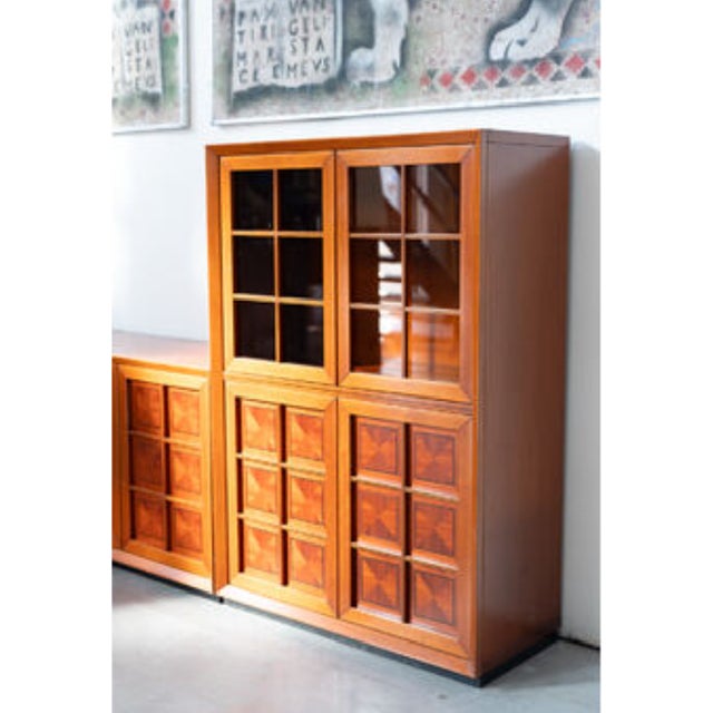 Modular Corner Cabinet in Cherrywood with Glass and Carved Doors with Fox Hunt Design, 1970s, Set of 4, in Flawless...