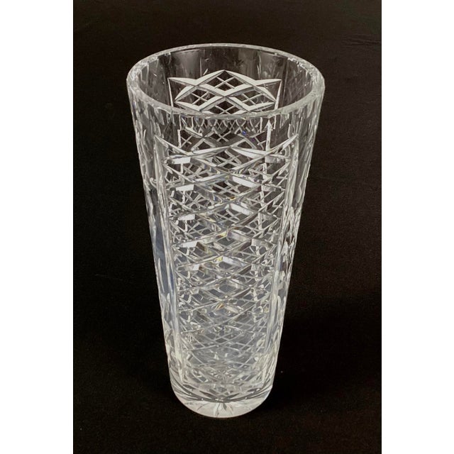 Large contemporary Master craftsman cut glass vase Cross hatch diamond pattern on two sides with etched and cut roses on...