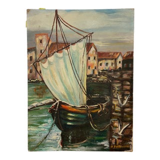 Vintage Impressionist Harbor Scene Painting on Canvas Board, Signed Ferguson, Coastal Sailboat Seascape For Sale