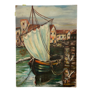 Vintage Impressionist Harbor Scene Painting on Canvas Board, Signed Ferguson, Coastal Sailboat Seascape