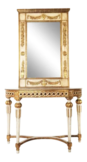 Italian Neoclassical Painted Giltwood Demilune Console with Matching Mirror