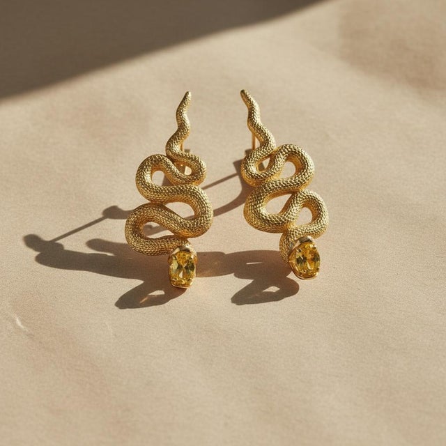 Massive Snake Earrings With Citrines in Opened Mouth, Pair For Sale - Image 9 of 9