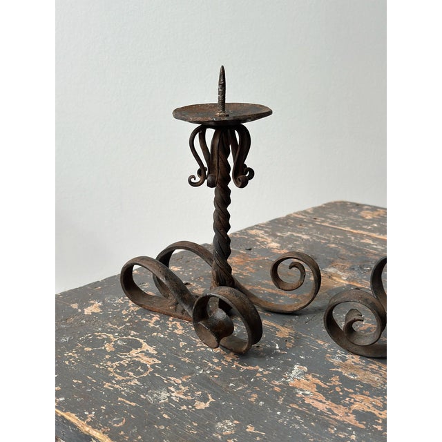 1950s Vintage Wrought Iron Scrolling Candleholders, a Pair, Circa Mid-20th Century For Sale - Image 5 of 18