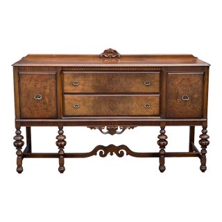 Antique Jacobean Sideboard With Carvings & Burl Veneers For Sale