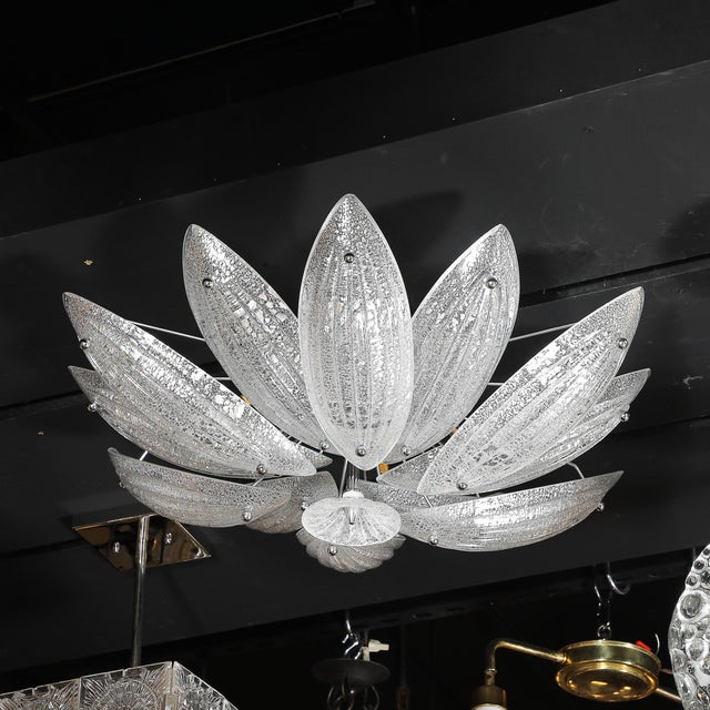 Modernist Hand-Blown Murano Glass Reeded Leaf Form Chandelier W/ 24k White Gold For Sale - Image 13 of 18