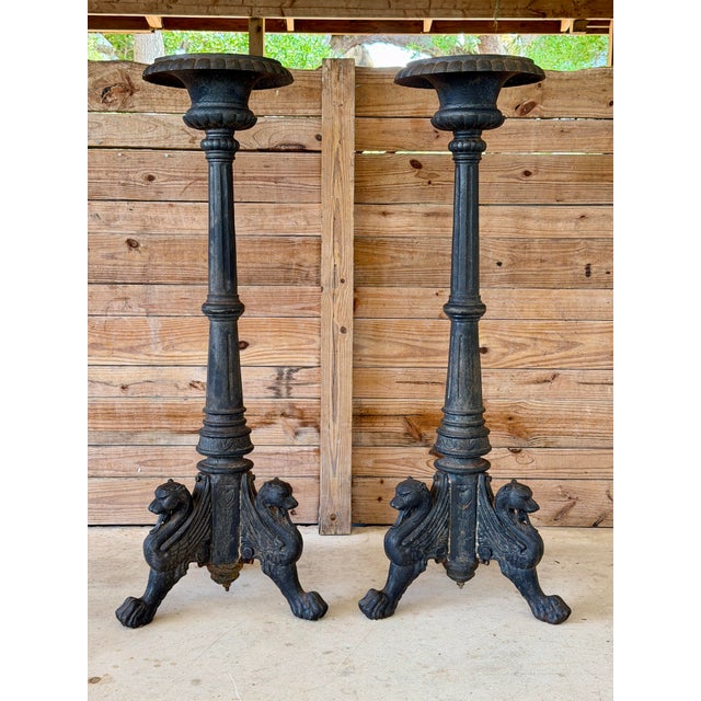 Monumental Antique Cast Iron Figural Neoclassical Griffin Garden Pedestals or Jardinieres, 19th Century-Pair For Sale - Image 12 of 12