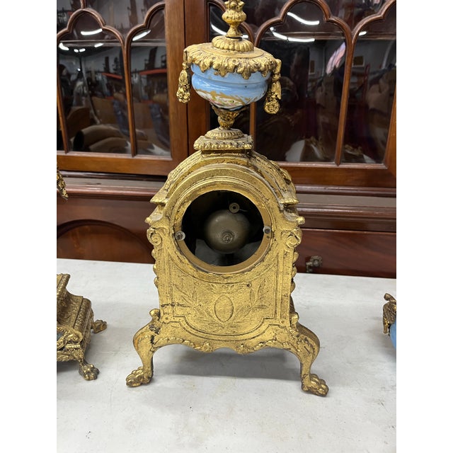 Gold Set of 5, Early 20th Century A Three Piece Clock Garniture Together With a Pair of Three Light Candelabras For Sale - Image 8 of 12