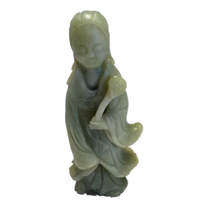 Vintage Green Jade-Style Guanyin Stone Sculpture – Asian Serpentine Carving, 8.5” Figurine Mid Century Buddhism Spiritual Meditation