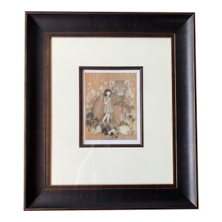 1980s Girl and Cat Art Japanese Drawing For Sale