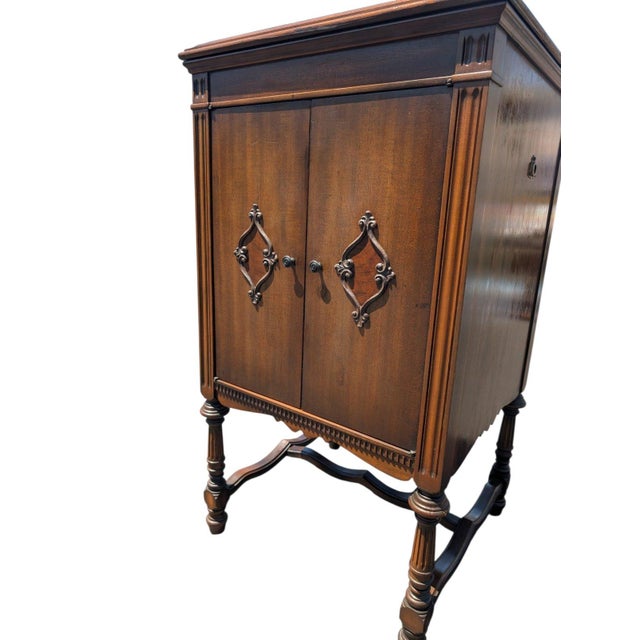 Jacobean Horner-Kelly for Brunswick Repurposed Antique Phonograph Cabinet With Storage Drawers For Sale - Image 3 of 12