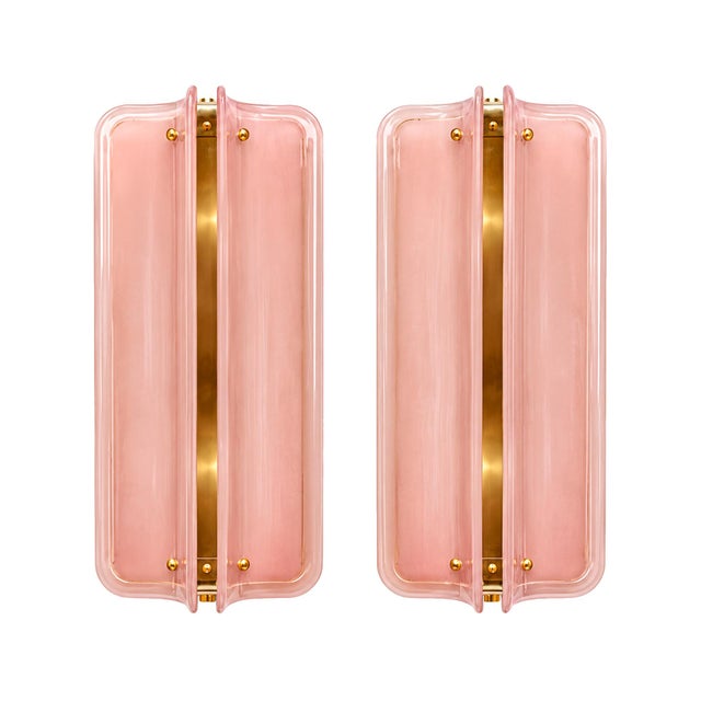 Italian Brass Wall Sconces with Pink Murano Glass Panels, Set of 2 For Sale - Image 11 of 11