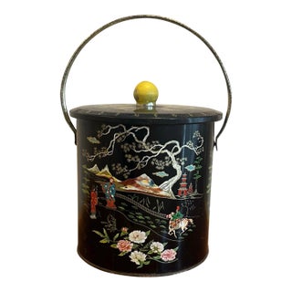 Vintage Black Chinoiserie Tea Tin With Scenic Landscape and Carry Handle For Sale