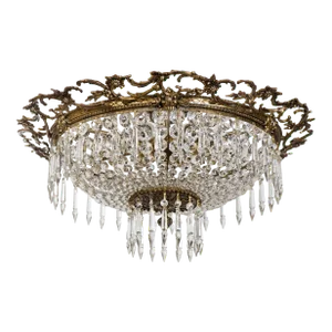 1950s Brass & Crystal Basket Semi Flush Mount Chandelier