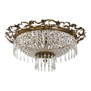 1950s Large Spanish French Basket Crystal Semi-Flush Mount Chandelier Plafonnier For Sale