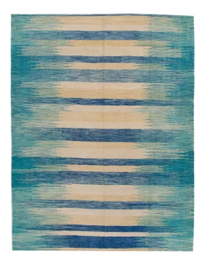 Teal Modern Expressionist Flatweave Handmade Wool Rug