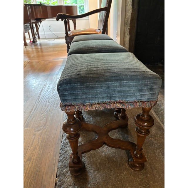 Three William & Mary footstools upholstered in ocean strie velvet w fringe trim. Versatile use as either table or seating....