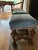 Three William & Mary footstools upholstered in ocean strie velvet w fringe trim. Versatile use as either table or seating....