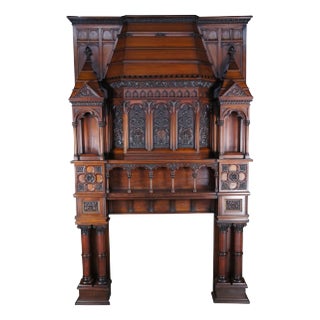 Antique Renaissance Revival Gothic Walnut Fireplace Mantel For Sale