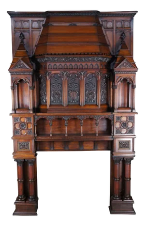 Antique Renaissance Revival Gothic Walnut Fireplace Mantel