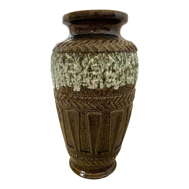 MCM Bay Keramik W. Germany Lava Glaze Pottery Vase 16” Brown Green 72•40 For Sale