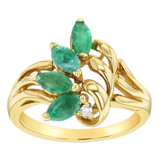 Marquise Emerald & Diamond Ring .33cttw 14k Yellow Gold, Size 5 For Sale