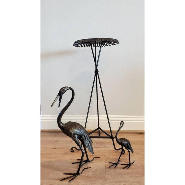 1940s French Mid-Century Japanesque Bronze Crane Bird Sculptures on Wrought Iron Pedestal - Zen Garden Statue For Sale - Image 4 of 11
