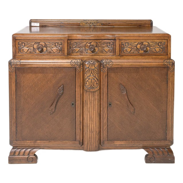 Vintage Tudor Revival Carved Oak Buffet Server / Sideboard For Sale