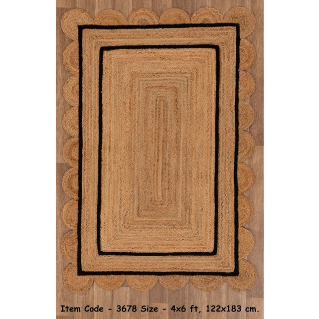 3x8 Ft. Black Double Line Border Braided Jute Scallop Rug For Sale - Image 4 of 6