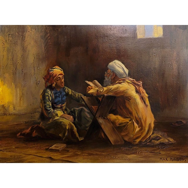 Impressionist Max Rabes -Old Patriarch Reading the Koran to a Young Man-Orientalist Oil Painting For Sale - Image 3 of 9
