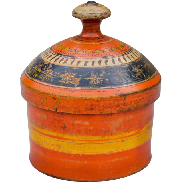 Hollywood Regency Mid 20th Century Hand-Painted Colorful Asian Wooden Lidded Bowl For Sale - Image 3 of 8