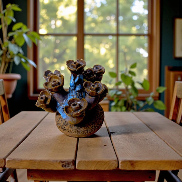 1970s Organic 70s Brutalist Clay Sculpted Earth-Tone and Blue 7 Sprocket Candelabra Style Menorah For Sale - Image 5 of 6